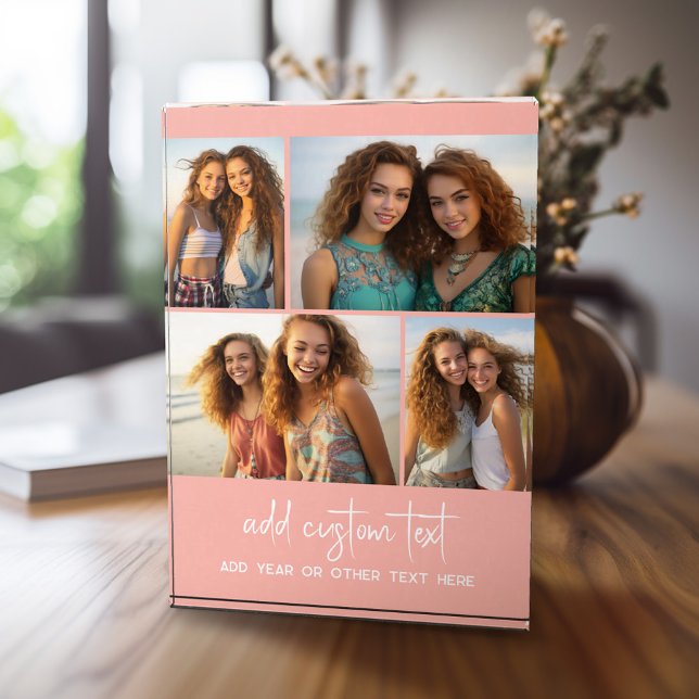 4 Pic Collage - simple, minimal blush and script Photo Block (4 Photo Collage personalized home plaque)