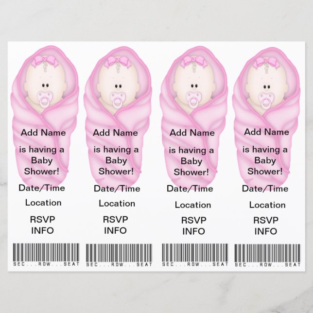 4  Pink Baby Shower Invitations - Bookmark Favours (Front)