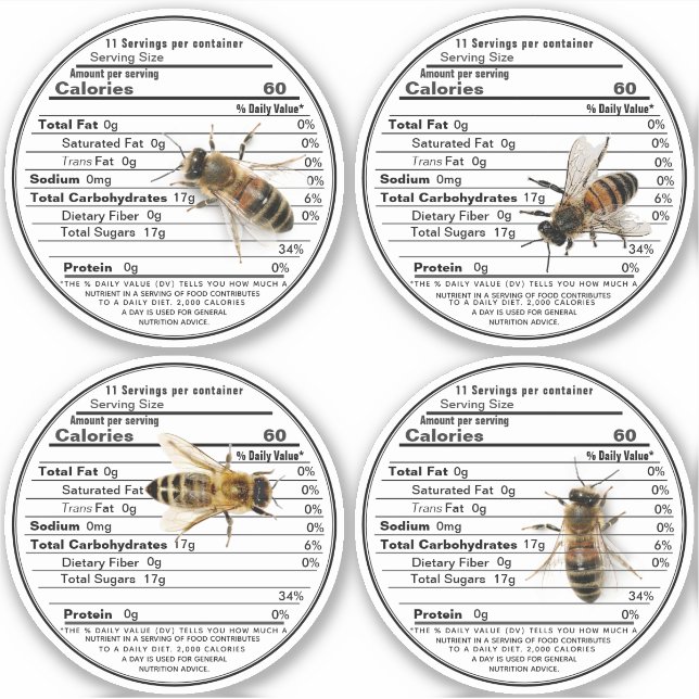 4 Realistic Bees 2.75" Honey Nutrition Fact Labels (Front)