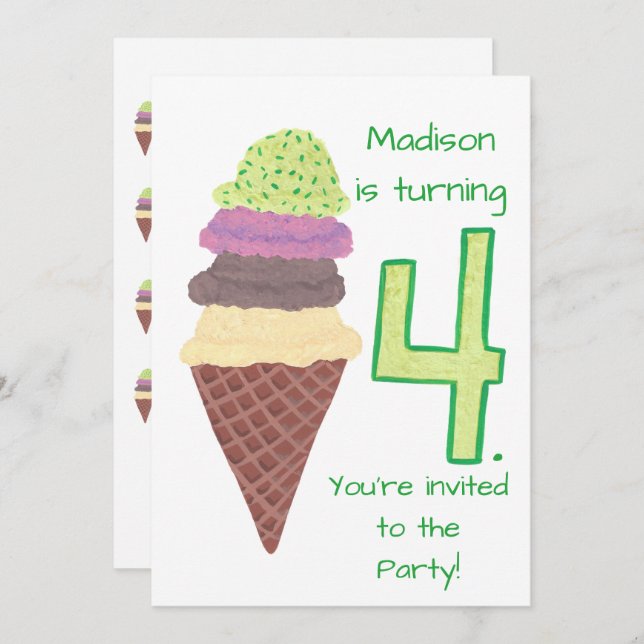 4 Scoops of Ice Cream Birthday Party Invitations (Front/Back)