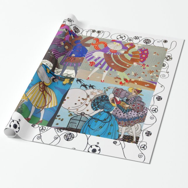 4 SEASONS  ART DECO BEAUTY FASHION COSTUME DESIGN WRAPPING PAPER (Unrolled)