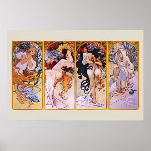 4 Seasons by Alphonse Mucha, Vintage Art Nouveau Poster