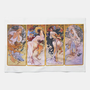 4 Seasons by Alphonse Mucha, Vintage Art Nouveau Tea Towel