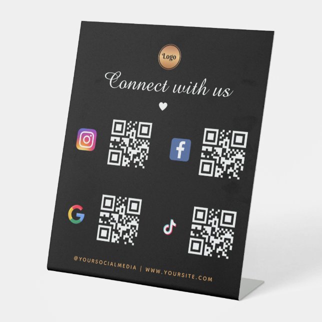 4 Social Media Qr Code Gold Logo TikTok Facebook Pedestal Sign (Front)