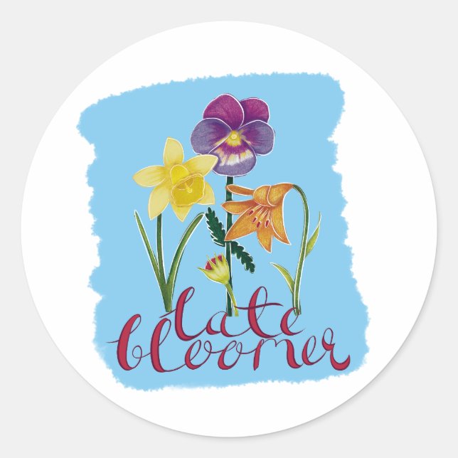 4 Spring and Summer Flowers with Fancy Text Classic Round Sticker (Front)