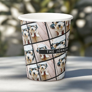 4 Square Photo Collage All Over - Year Family Name Paper Cups