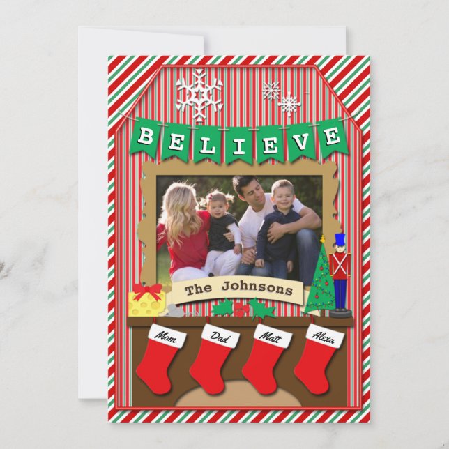 4-Stocking Dated • BELIEVE • Merry Christmas Holiday Card (Front)