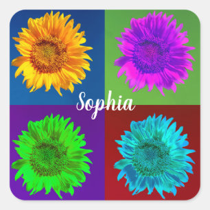 4 Sunflowers In 4 Colourful Squares, DIY Name Square Sticker