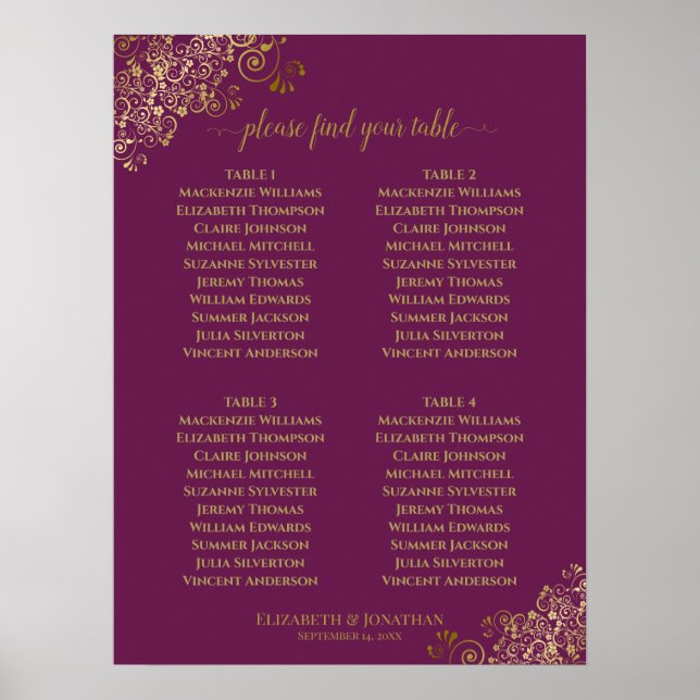 4 Table Cassis Purple & Gold Wedding Seating Chart (Front)