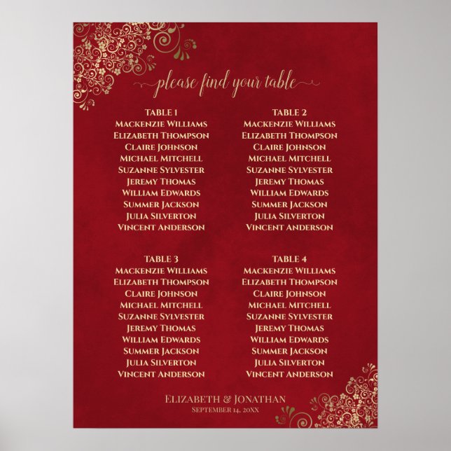 4 Table Crimson Red & Gold Wedding Seating Chart (Front)