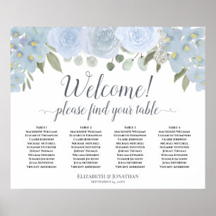 4 Table Dusty Blue Roses Wedding Seating Chart