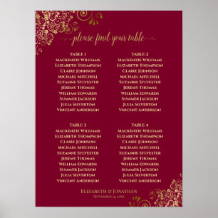 4 Table Elegant Gold & Burgundy Seating Chart 