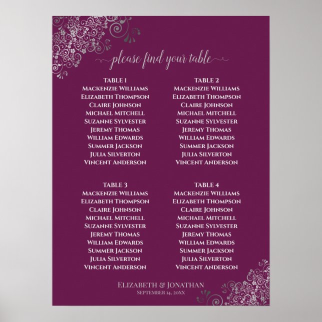 4 Table Lacy Grey Wedding Seating Chart Cassis (Front)