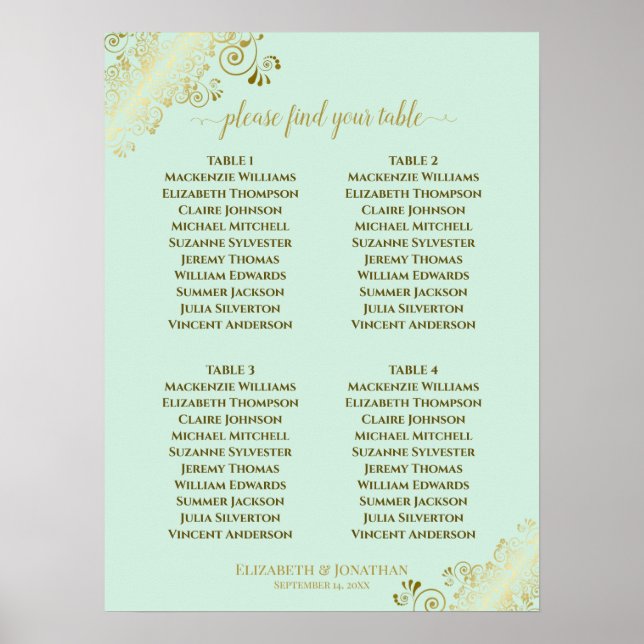 4 Table Neo Mint Green Wedding Seating Chart Gold (Front)
