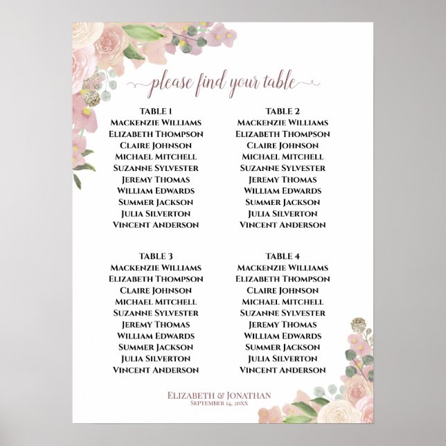 4 Table Pink Floral Boho Wedding Seating Chart (Front)