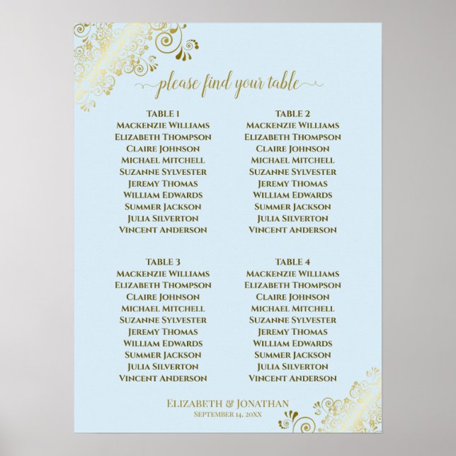 4 Table Powder Blue & Gold Wedding Seating Chart (Front)