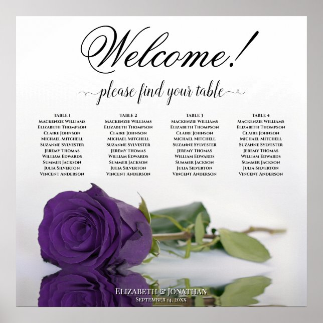 4 Table Royal Purple Rose Elegant Seating Chart (Front)