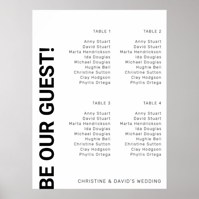 4 table Simple White Wedding seating chart (Front)