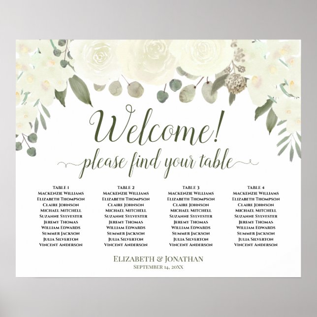 4 Table White Floral Wedding Welcome Seating Chart (Front)
