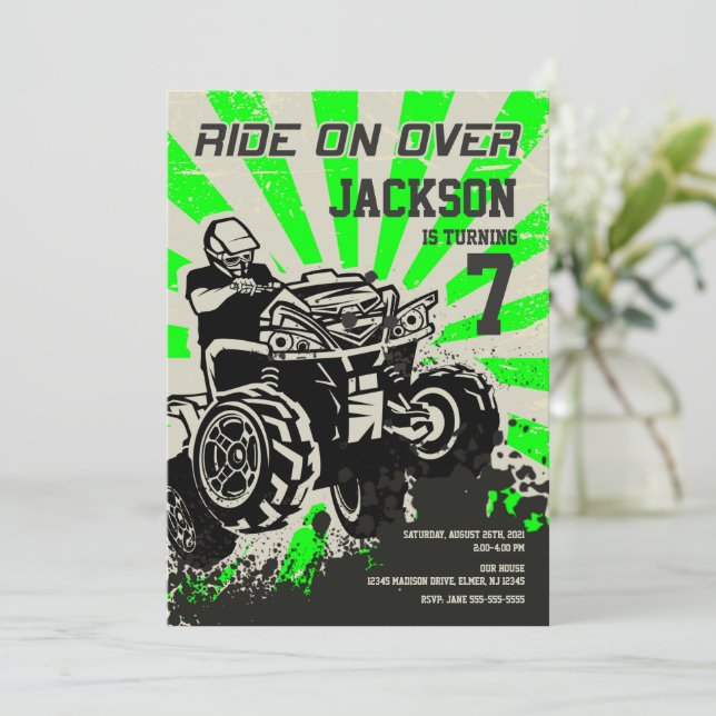 4 Wheeler Birthday Invitation / Quad Bike / Green (Standing Front)