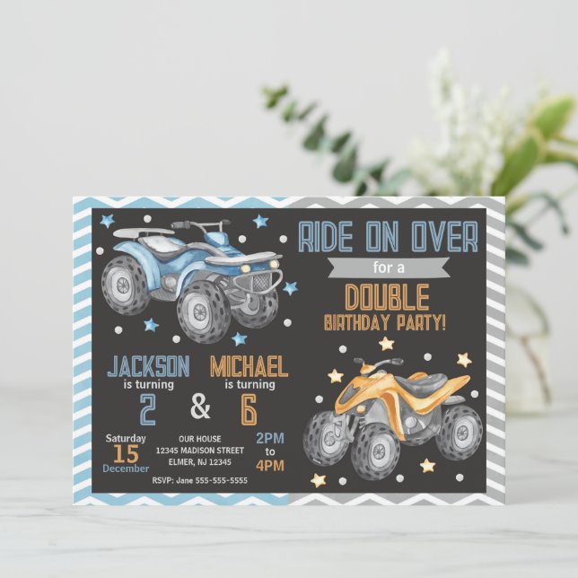 4 Wheeler Quad Bike ATV Joint Birthday Invitation (Standing Front)