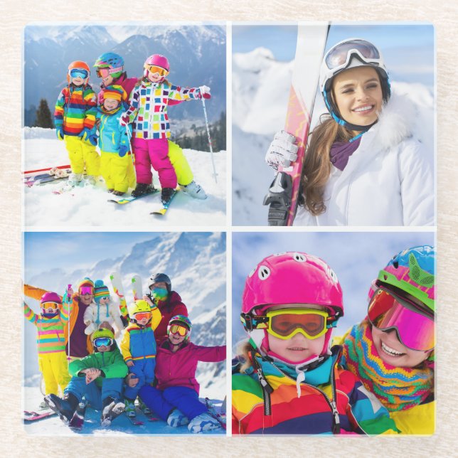 4 Winter Vacation Photo Grid Collage Glass Coaster (Front)