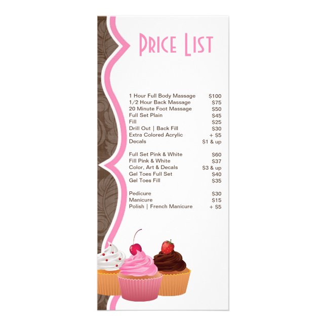 4"x9" Price List Cup Cakes Bakery Sweet Treats Rack Card (Back)