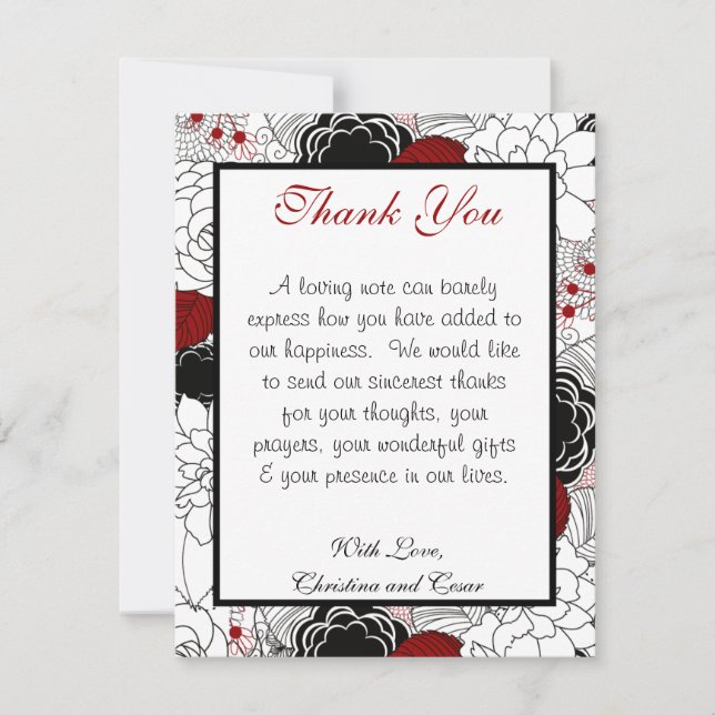 4 x 5 FLAT Thank You Card Black Flowers Red Leaves (Front)