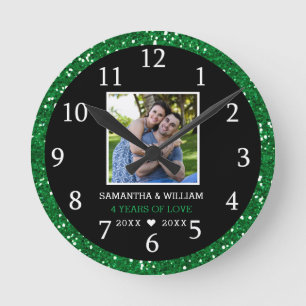 4 Year Anniversary Photo Black And Green Glitter Round Clock