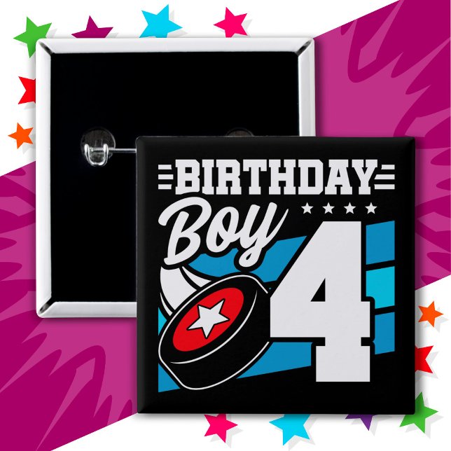 4 Year Old Hockey Party Theme 4th Birthday Boy 15 Cm Square Badge (Creator Uploaded)