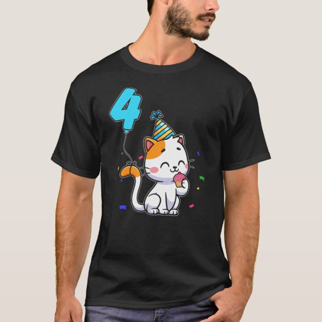 4-Year-Old Kid Cute Cat Party Balloon 4th Birthday T-Shirt (Front)