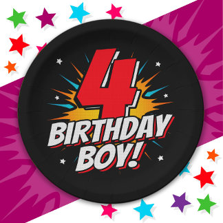 4 Year Old Superhero Birthday Boy 4th Birthday Paper Plate