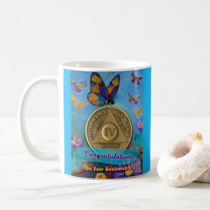 4 Year Sober Coin Congratulations Butterflies Coffee Mug