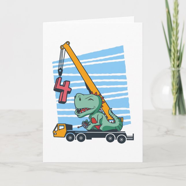 4 years 4th Birthday Mobile Crane Dinosaur Card (Front)
