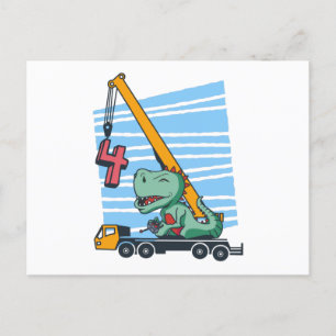 4 years 4th Birthday Mobile Crane Dinosaur Postcard