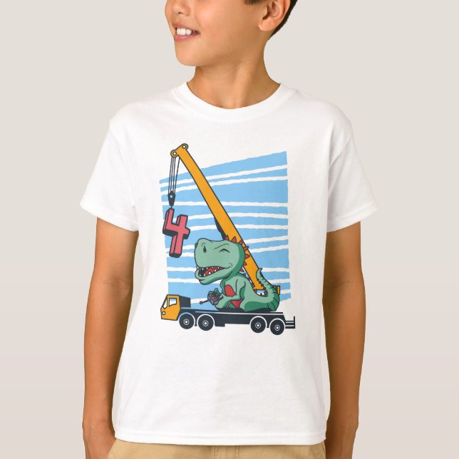 4 years 4th Birthday Mobile Crane Dinosaur T-Shirt (Front)