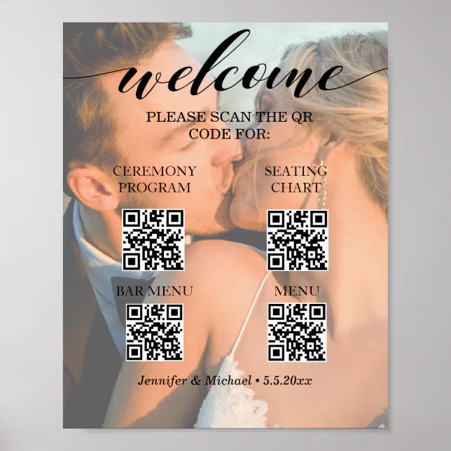 4in1 ceremony&seating chart&bar&menu qr code photo poster | Zazzle