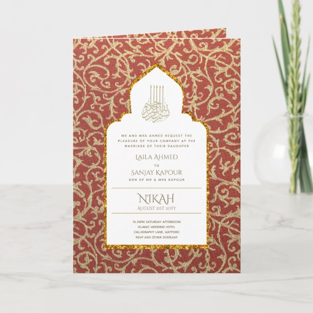 4Pg NIKAH WALIMA Invite Red Gold Ornate (Front)