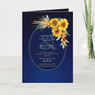 4pg Spanish BODA invitations, Blue Sunflowers  Car Card
