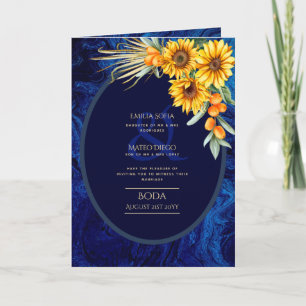 4pg Spanish BODA invitations, Blue Sunflowers  Car Card