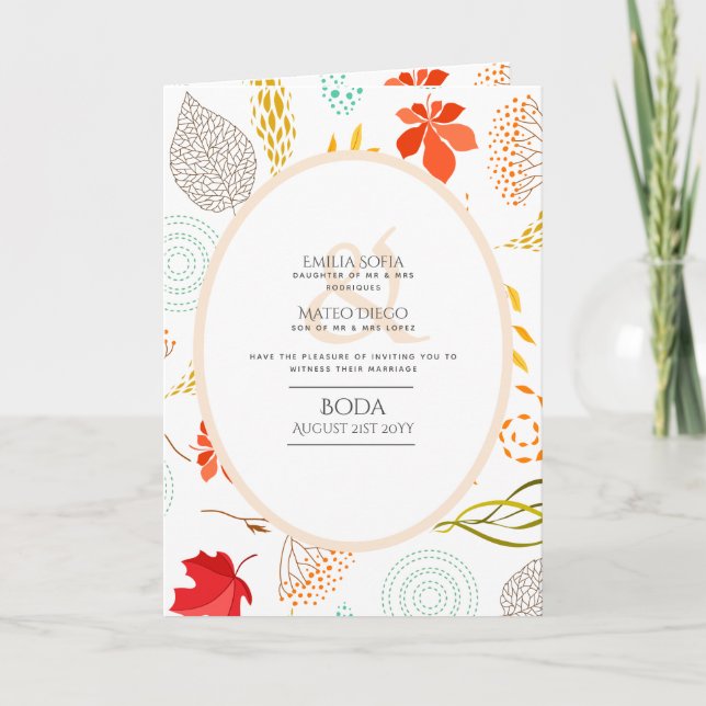 4pg Spanish BODA Invite Fall Leaves Modern (Front)