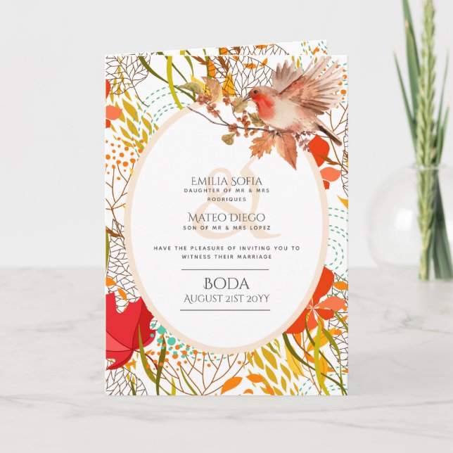 4pg Spanish BODA Invite Fall Leaves Robin (Front)