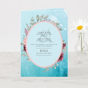 4pg Spanish BODA Invite Teal Aqua Blue Burgundy