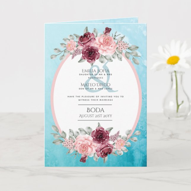4pg Spanish BODA Invite Teal Aqua Blue Burgundy (Small Plant)
