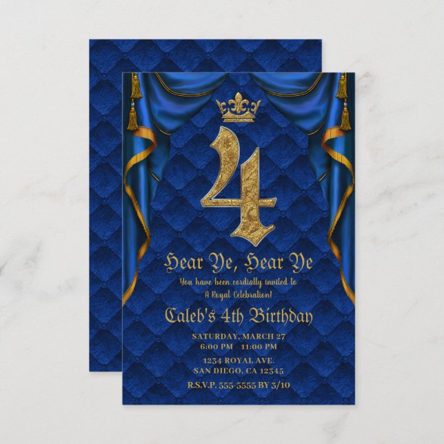 4TH 4 FOUR Birthday Party Royal Blue Gold Crown    Invitation (Front/Back)