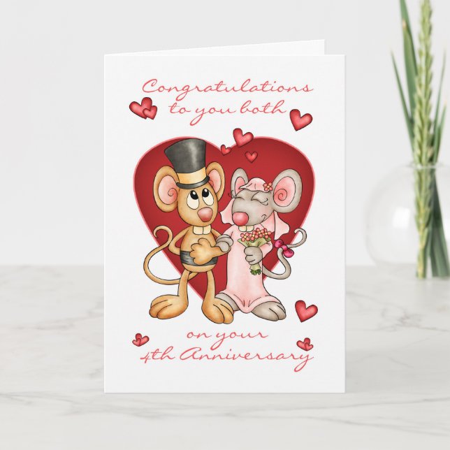 4th anniversary congratulations -cute mice anniver card (Front)