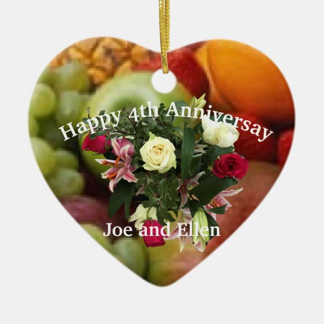 4th Anniversary, Fruit and Flowers,  Heart Ceramic Ornament (Front)