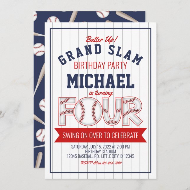 4th Baseball Birthday Invitation (Front/Back)