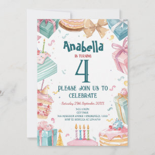 4th birthday and Cakes Kids Birthday Party  Invitation