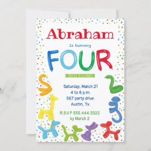 4th birthday animal balloons invitation